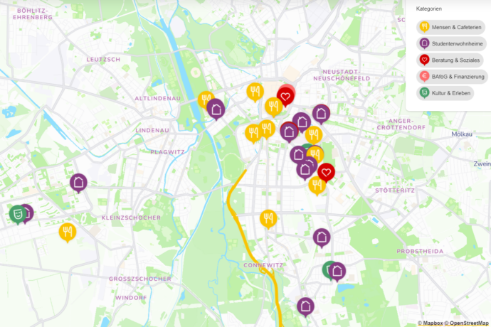 Screenshot der interaktiven Karte der Einrichtungen des Studentenwerkes Leipzig.