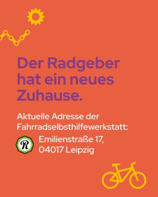 🥳 Wiedereröffnung: Der Radgeber ist umgezogen. 🚲Aber keine Sorge: Der neue Standort ist nur einen Katzensprung vom alten entfernt, 4 Minuten zu Fuß/ 2 Minuten mit dem Rad.Neue Adresse der Fahrradselbsthilfewerkstatt:📍 Emilienstraße 17, 04107 LeipzigBitte habt etwas Geduld & Nachsicht, wenn hier und da noch gewerkelt & fertig eingerichtet wird.〰️#fahrradkultur #Fahrradselbsthilfewerkstatt #Fahrradwerkstatt #RadgeberLeipzig #fahrradleipzig #werideleipzig
