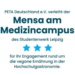 Urkunde von PETA: Mensa am Medizincampus ist veganfreundliche Mensa 2024.