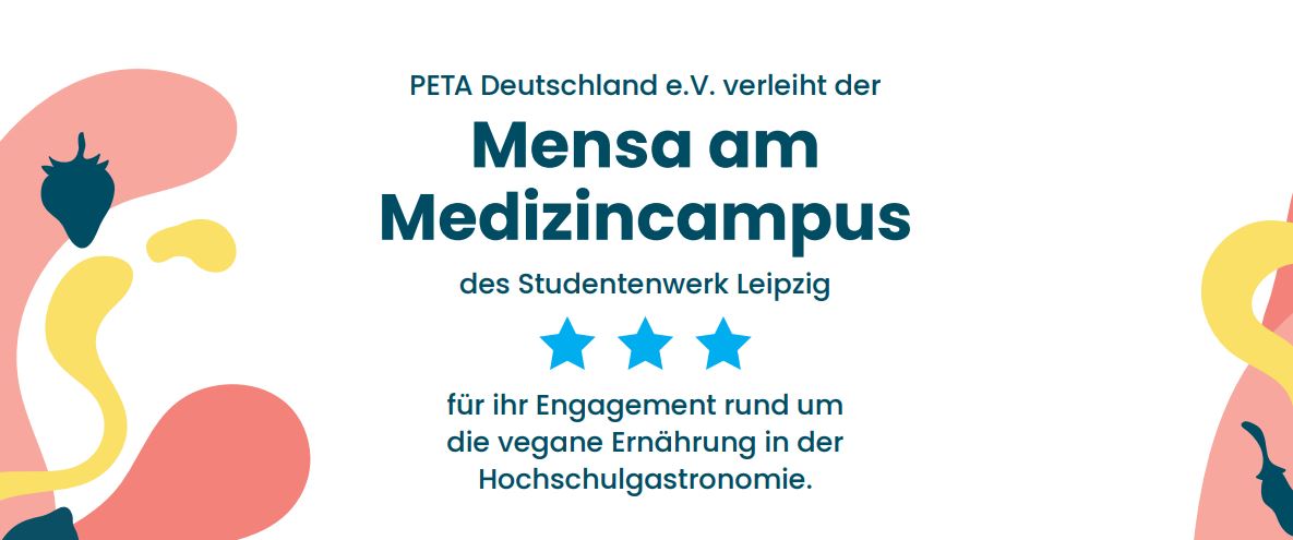 Urkunde von PETA: Mensa am Medizincampus ist veganfreundliche Mensa 2024.